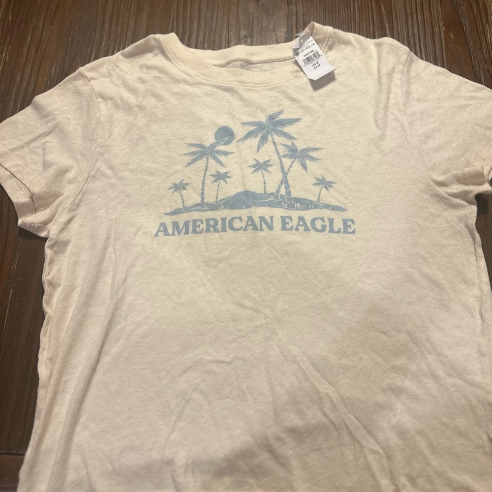 American Eagle Outfitters Beige Tee with Blue Design